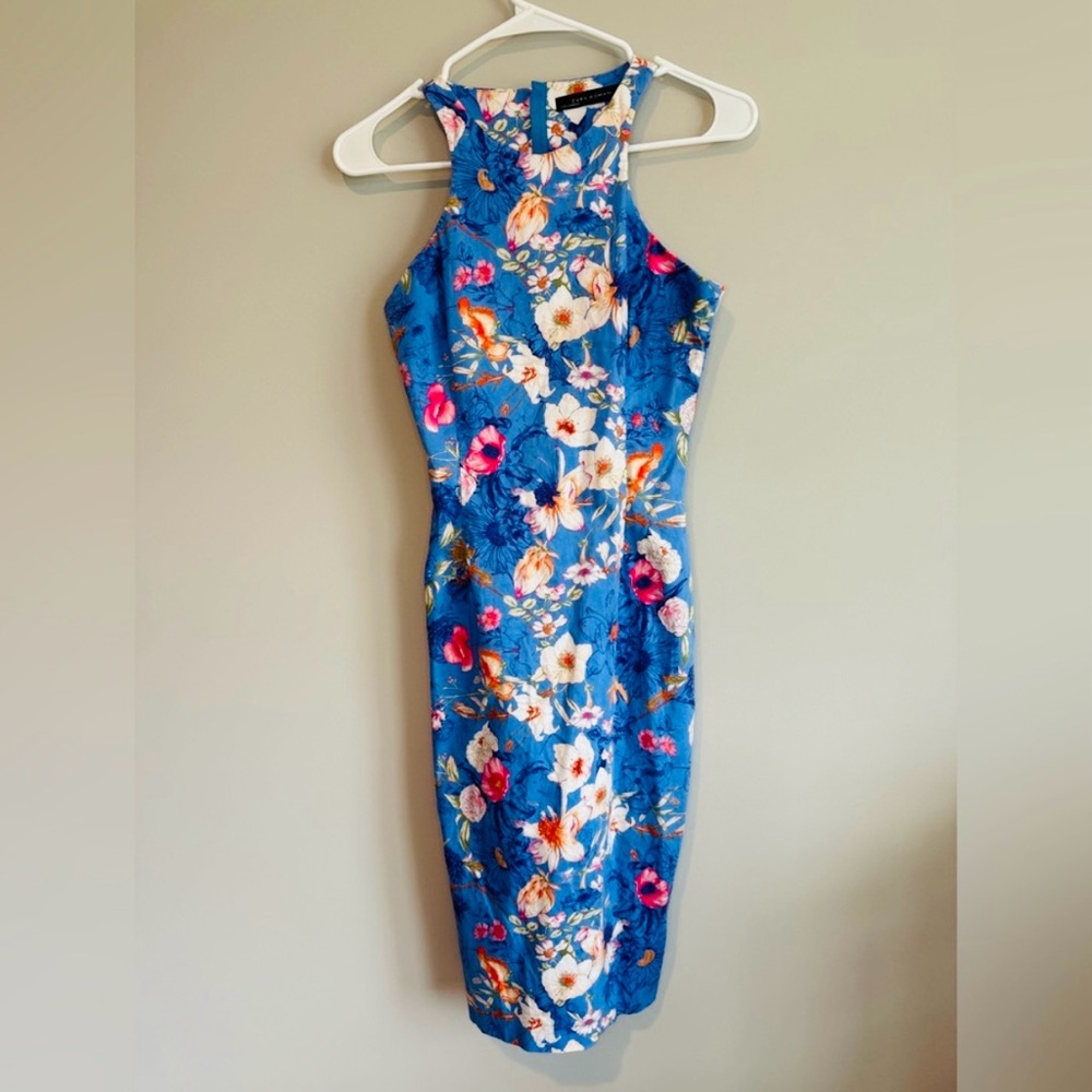 Zara Racerback Floral Blue Bodycon Dress Size Small - Picture 8 of 13